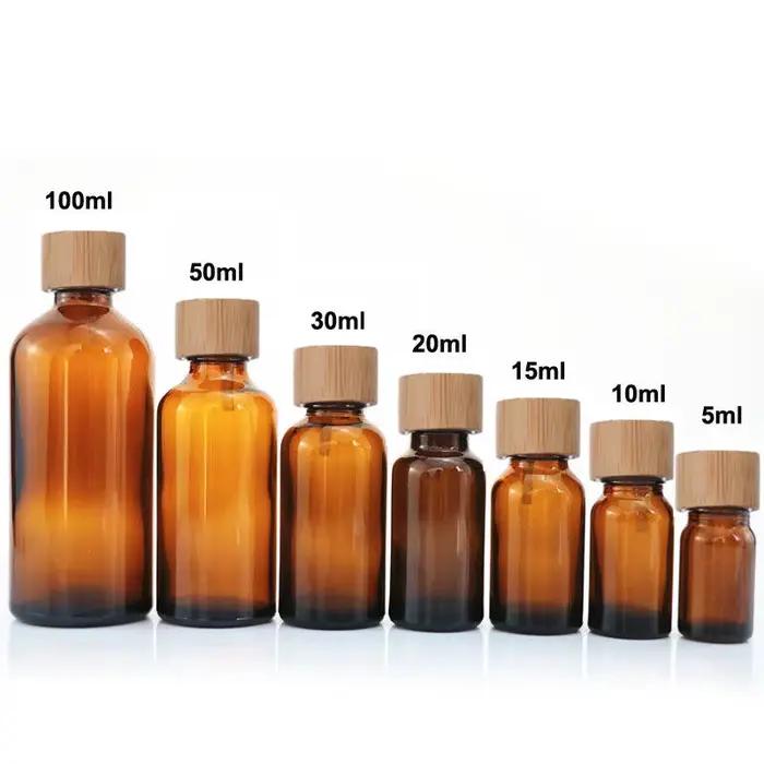 Bouteille d'huiles essentielles en verre ambre/bleu/vert, bouchon à vis en bois de bambou, récipient