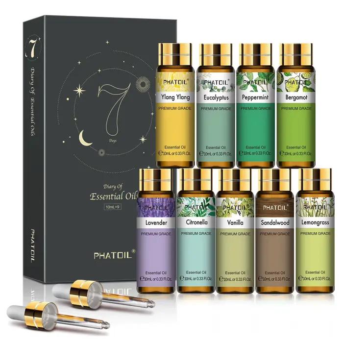PHATOIL Ensemble de 9 Huiles Essentielles - 10ml Lavande Eucalyptus Vanille Menthe Poivrée Bois de S