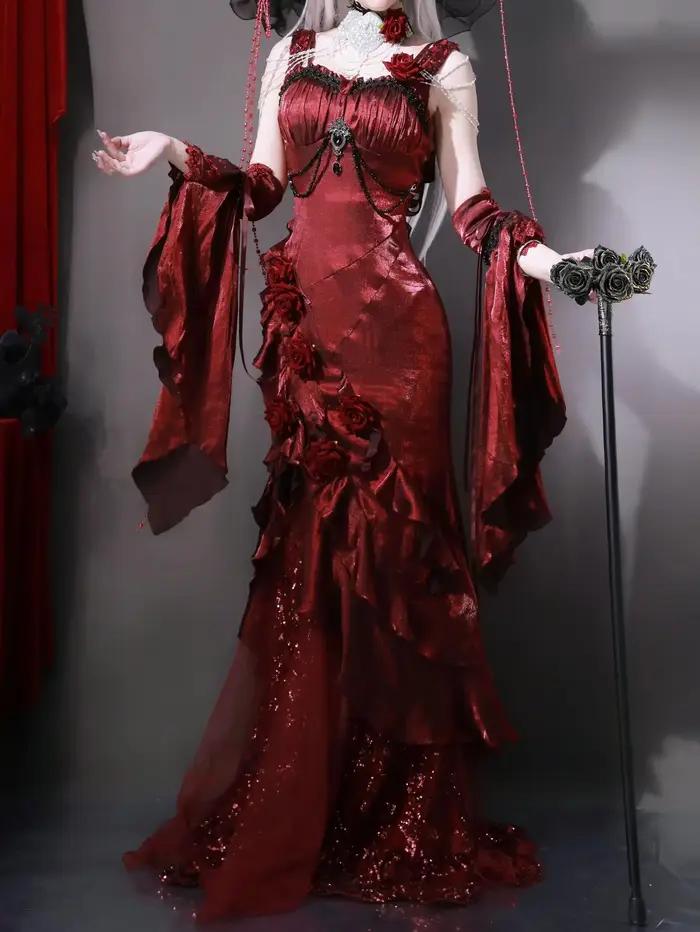 Robe longue asymétrique en queue de poisson, Rose rouge, amincissante, musée d'halloween, Sexy, robe