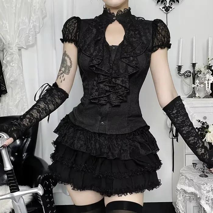 [You're My Secret] Halloween Gothic Lolita Lace Crop Top Women Victorian Gothic Lace Corset Top Y2K 