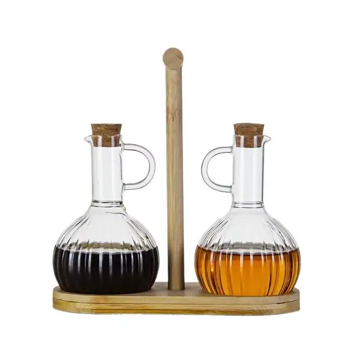 Pot à huile en verre résistant à la chaleur de 300ml, avec support en bois, bouteille d'assaisonneme