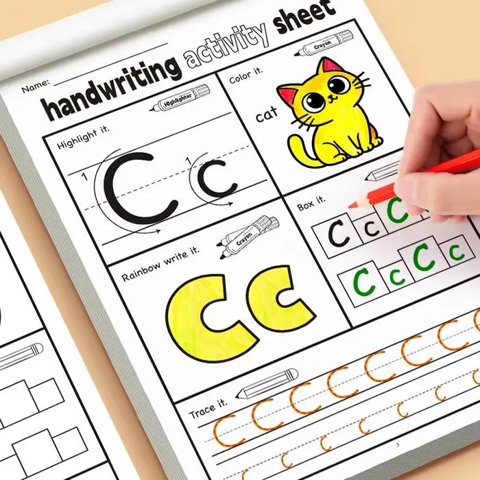 Cahier d'exercices d'écriture manuscrite avec lettres anglaises, cahier d'activités amusantes pour enfants contenant des illustrations amusantes, 5 Types de jeux interactifs