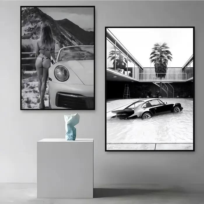 Peinture de voiture de sport de luxe, noir et blanc, calligraphie, toile de coton de qualité supérieure, affiche d'art murale HD résistante aux rayures, cadeau parfait