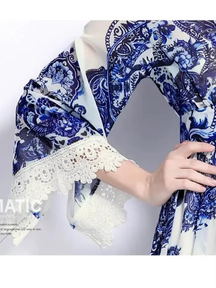 Robe Longue en Porcelaine Bleue et Blanche pour Femme, Sexy, Col en V, Dentelle, Épissure, Mousseline de Soie, Manches Évasées, Vacances, Boho, Éducatif, 2025