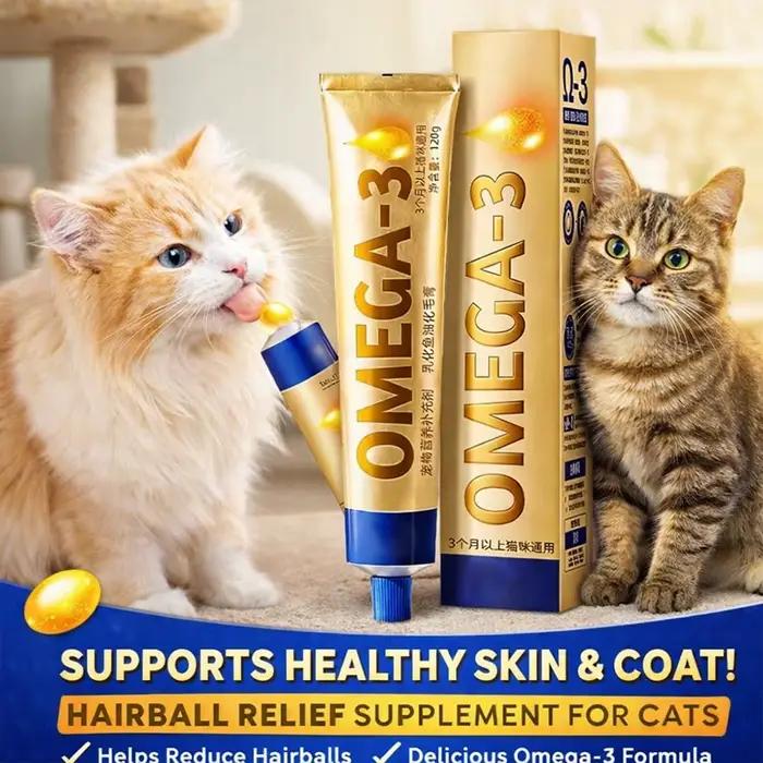 Pâte anti-boules de poils pour chats et supplément pour la peau et le pelage avec huile de poisson, gel pour la santé digestive des chats, pour un pelage brillant et l'élimination des boules de poils