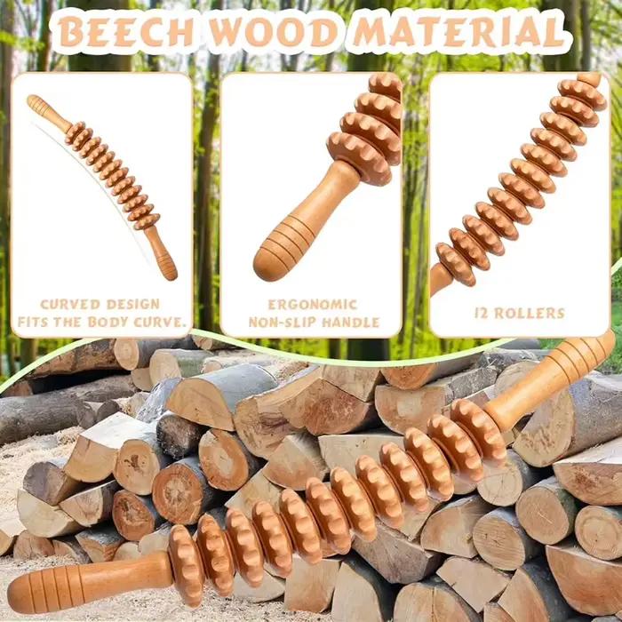 Bâton de massage en bois à roulettes