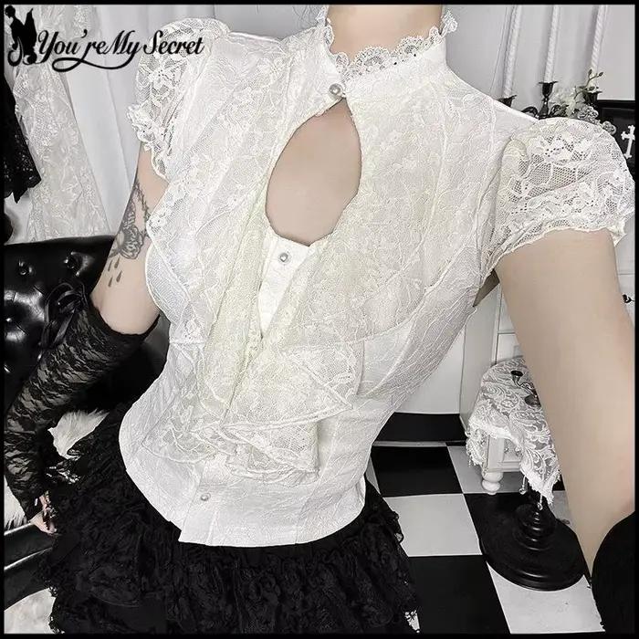 [You're My Secret] Halloween Gothic Lolita Lace Crop Top Women Victorian Gothic Lace Corset Top Y2K French Court Lace Blouse