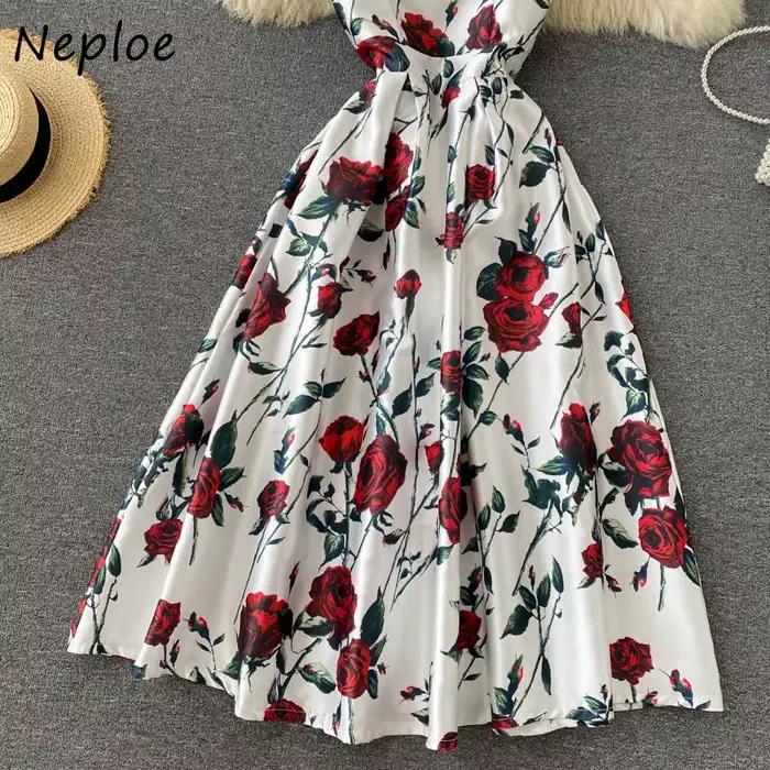 Neploe-Robe Rétro à Imprimé Floral pour Femme, Taille Haute, Ligne A, Style Hepburn, FibrMaxi
