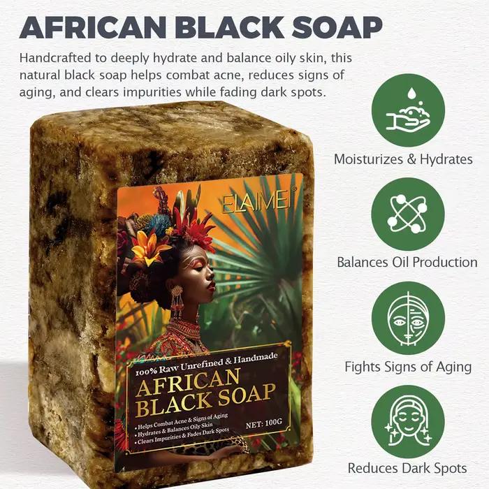 Savon noir africain brut pour peaux grasses, taches foncées, ingrédients purs et naturels – Savon biologique pour le visage et le corps