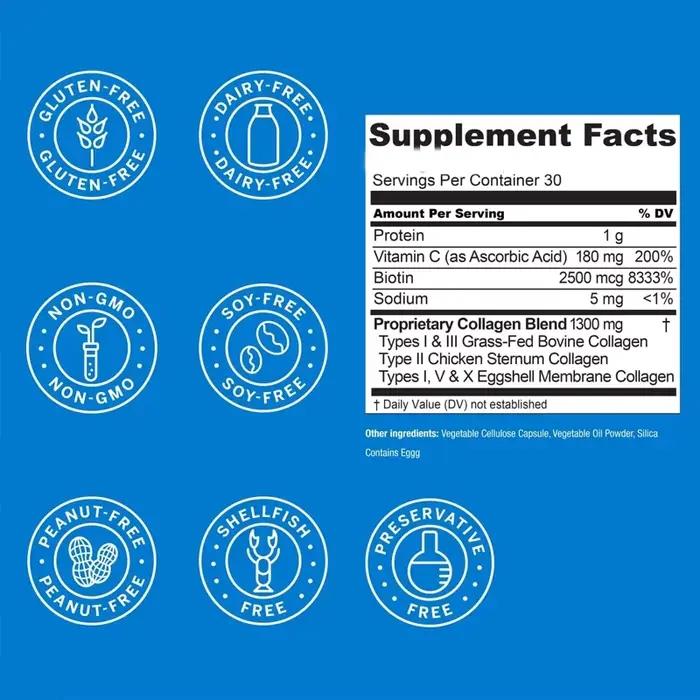Collagène - Types I, II, III, V et X hydrolysés, mélangé à de la biotine et de la vitamine C, adapté aux cheveux, à la peau et aux ongles, 60 capsules