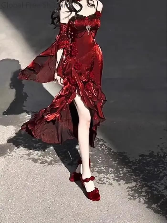 Robe Rose rouge pour femmes, Cosplay, robe sirène Lolita, fête de noël, nouvel an, déesse élégante, robe pour adulte, jupe queue de poisson
