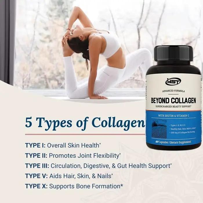 Collagène - Types I, II, III, V et X hydrolysés, mélangé à de la biotine et de la vitamine C, adapté aux cheveux, à la peau et aux ongles, 60 capsules