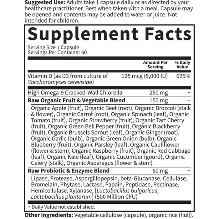 Capsules de vitamine D 5000 UI, contenant de la Chlorella Vulgaris, des fruits, des légumes et des probiotiques, favorisent la santé des os et du système immunitaire