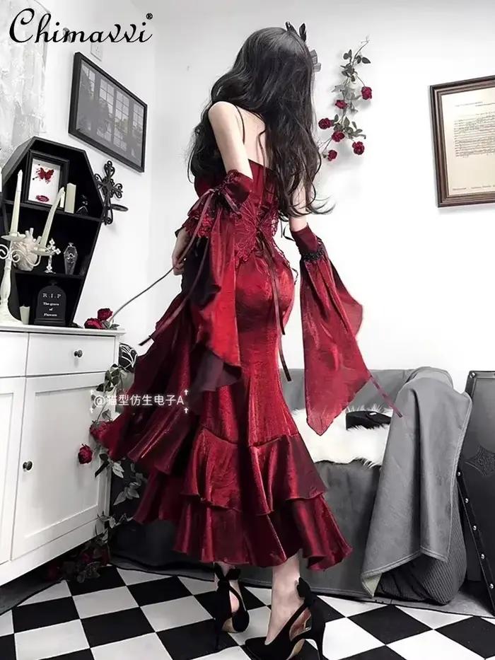 Robe queue de poisson Rose rouge pour femmes, nouvelle collection printemps été Lolita douce et Sexy pour filles, Slim Goth, mi-longue, robe à bretelles avec manches à main