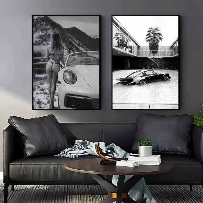 Peinture de voiture de sport de luxe, noir et blanc, calligraphie, toile de coton de qualité supérieure, affiche d'art murale HD résistante aux rayures, cadeau parfait