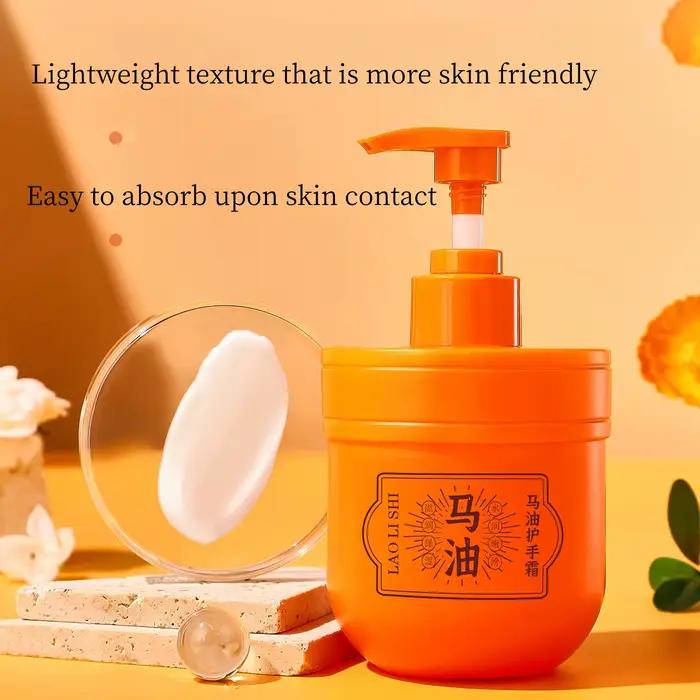 Crème pour les mains à l'huile de cheval, texture légère et crémeuse, facile à appliquer et à absorber, procure une sensation hydratante et confortable sur la peau, non grasse, contient des ingrédient