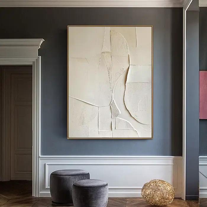 Peinture Minimaliste Crème et Blanche, Grande Toile Texturée Beige, Art Mural Abstrait Beige et Blanc, Peinture Moderne Wabi Sabi