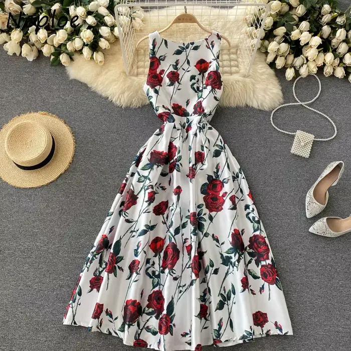 Neploe-Robe Rétro à Imprimé Floral pour Femme, Taille Haute, Ligne A, Style Hepburn, FibrMaxi
