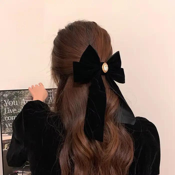 Pince à cheveux avec nœud Rose en velours noir, pour queue de cheval élégante pour femmes, accessoire de cheveux à la mode