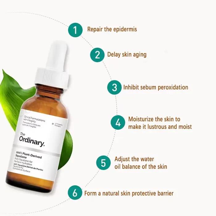 Squalane 100% dérivé aux plantes pour l'hydratation de la peau et des cheveux Sérum pour le visage 30 ml Peut empêcher la perte d'œuvre des facteurs d'hydratation + HA 100 ml
