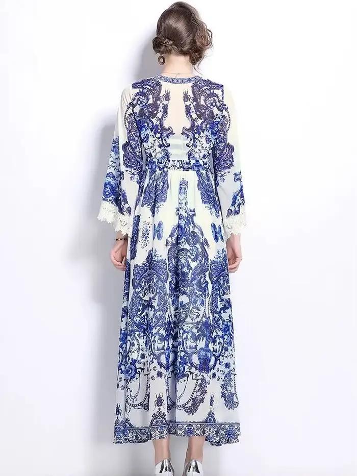 Robe Longue en Porcelaine Bleue et Blanche pour Femme, Sexy, Col en V, Dentelle, Épissure, Mousseline de Soie, Manches Évasées, Vacances, Boho, Éducatif, 2025