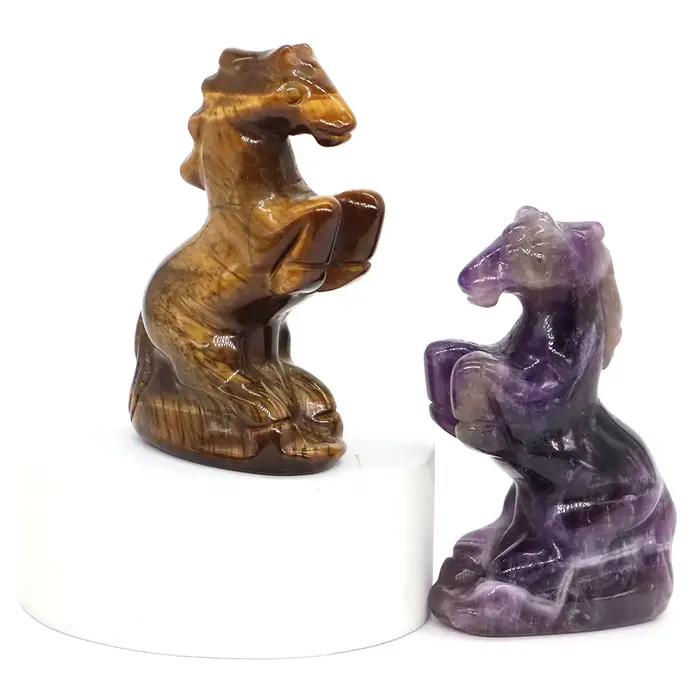 Statue de cheval naturelle Reiki, 49mm, pierres de guérison, améthyste, Quartz Rose, cristal sculpté, Figurine Feng Shui, décoration d'intérieur pour Halloween, cadeaux