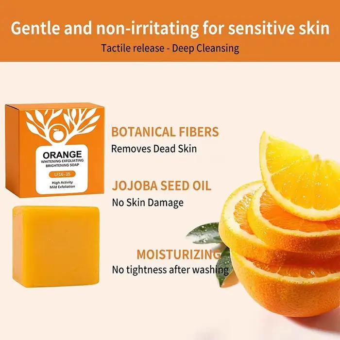 Barre de savon éclaircissante exfoliante douce enzymes d'orange, 100g, nettoyage doux du visage et du corps, hydratant, peau lisse et tendre