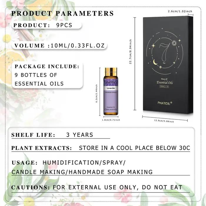 PHATOIL Ensemble de 9 Huiles Essentielles - 10ml Lavande Eucalyptus Vanille Menthe Poivrée Bois de Santal Citronnelle Citronnelle Huiles de Bergamote