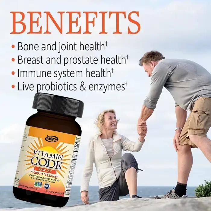 Capsules de vitamine D 5000 UI, contenant de la Chlorella Vulgaris, des fruits, des légumes et des probiotiques, favorisent la santé des os et du système immunitaire