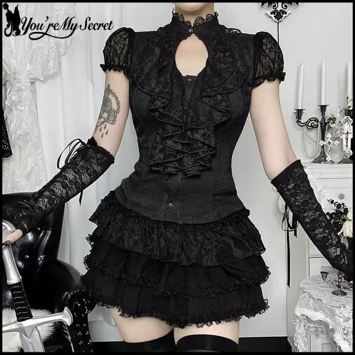 [You're My Secret] Halloween Gothic Lolita Lace Crop Top Women Victorian Gothic Lace Corset Top Y2K French Court Lace Blouse