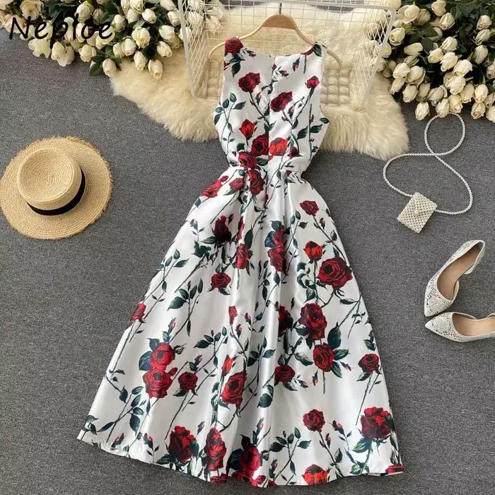 Neploe-Robe Rétro à Imprimé Floral pour Femme, Taille Haute, Ligne A, Style Hepburn, FibrMaxi
