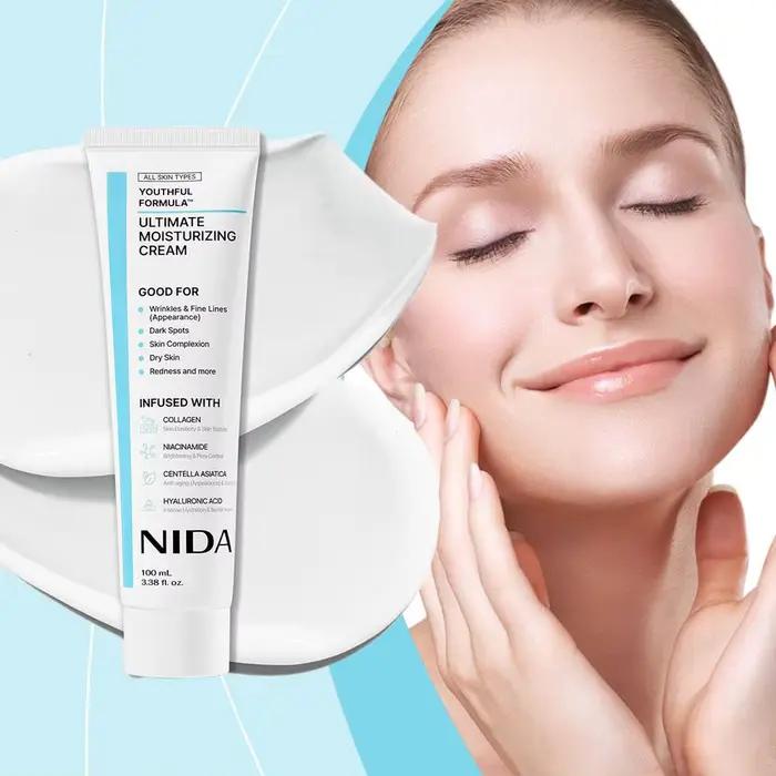 NIDA 100mL Crème hydratante pour le visage avec collagène et niacinamide pour éclaircir l'apparence de la peau, crème nourrissante quotidienne pour tous types de peau, 1 pièce