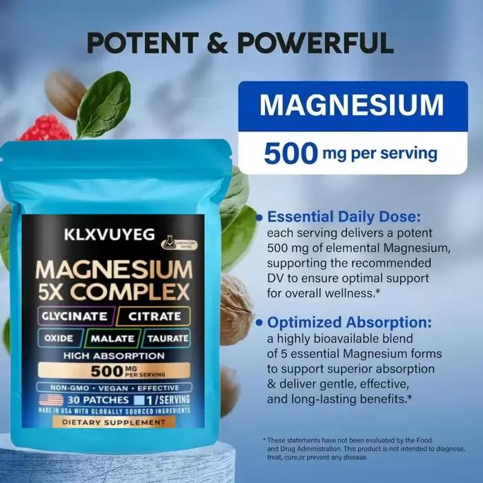 Complément de magnésium - Complexe 5 en 1 500 mg | | glycinate | | citrate | | malate |   Oxide - Soutien pour le stress, les muscles et le cœur, 30 patchs