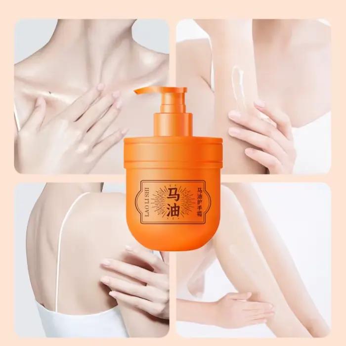 Crème pour les mains à l'huile de cheval, texture légère et crémeuse, facile à appliquer et à absorber, procure une sensation hydratante et confortable sur la peau, non grasse, contient des ingrédient