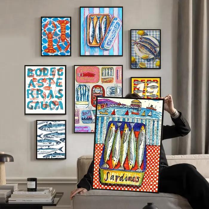 Autocollant coloré sardine poisson océan, étiquette autocollante en papier imperméable, décor de maison café bar