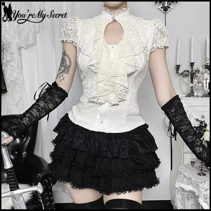 [You're My Secret] Halloween Gothic Lolita Lace Crop Top Women Victorian Gothic Lace Corset Top Y2K French Court Lace Blouse