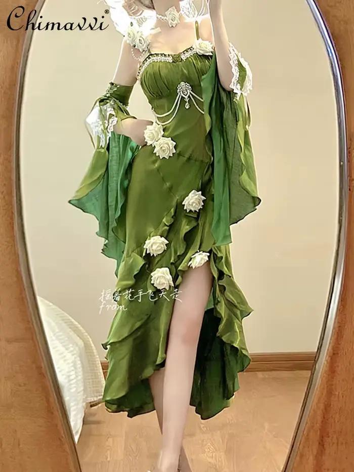 Robe queue de poisson Rose rouge pour femmes, nouvelle collection printemps été Lolita douce et Sexy pour filles, Slim Goth, mi-longue, robe à bretelles avec manches à main