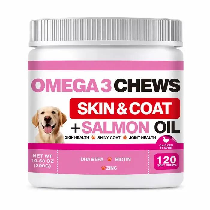 Friandises à mâcher pour chiens à l'huile de saumon Oméga 3 – Soutien Peau et Pelage – Supplément EPA DHA Biotine Zinc pour une Peau Saine et un Pelage Brillant