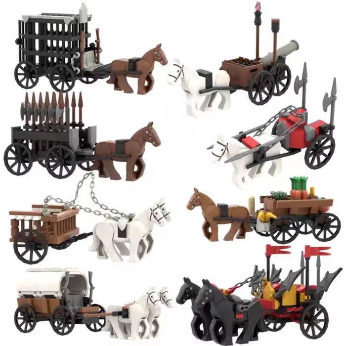 Remorque de bétail médiéval à monter soi-même, chariot à cheval, bloc de construction, château, Chariot de chevalier, figurines de soldats, véhicule de Transport, voiture, briques, jouet