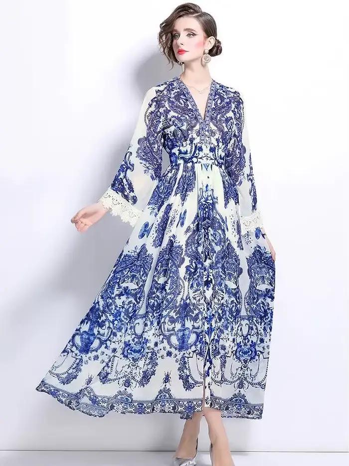 Robe Longue en Porcelaine Bleue et Blanche pour Femme, Sexy, Col en V, Dentelle, Épissure, Mousseline de Soie, Manches Évasées, Vacances, Boho, Éducatif, 2025