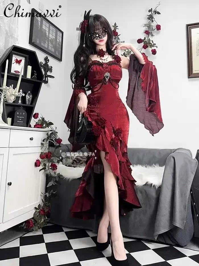 Robe queue de poisson Rose rouge pour femmes, nouvelle collection printemps été Lolita douce et Sexy pour filles, Slim Goth, mi-longue, robe à bretelles avec manches à main