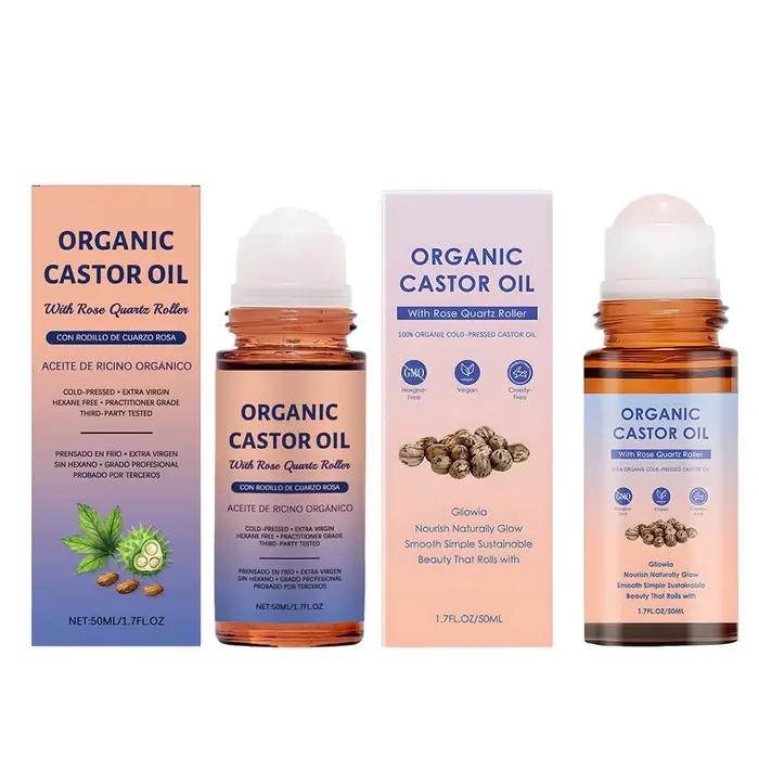Huile de ricin biologique 50 ml en roll-on avec bille en quartz rose, huile essentielle nourrissante pressée à froid pour le visage et le corps, hydratation intense