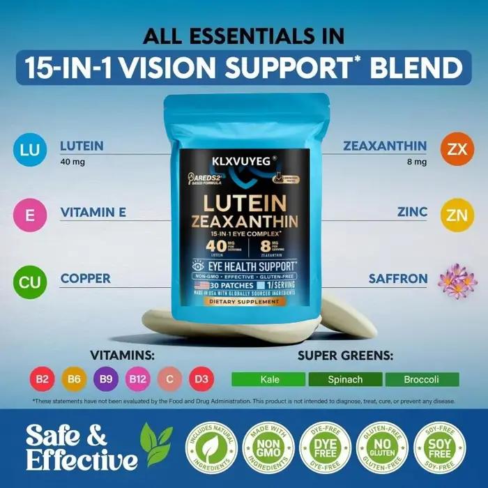 Vitamines pour les yeux - Lutéine 40 mg & Zeaxanthine 8 mg - Soutien à la santé oculaire et à la vision - Safran, Zinc, Vitamines, Cuivre - 30 patchs/sachet