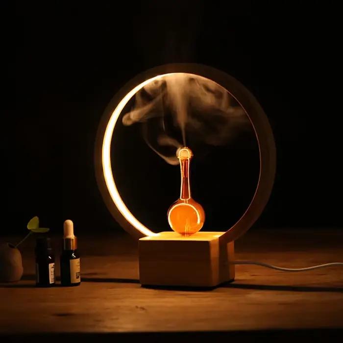 Diffuseur d'huiles essentielles avec Base en bois et diffuseur d'arôme nébulisant en verre avec lumi