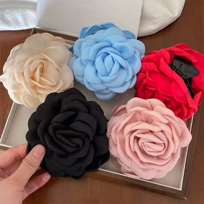 Pince à cheveux française romantique en forme de fleur de Rose pour femmes, grande pince à requin élégante, Barrettes queue de cheval, accessoires pour cheveux de fille, couvre-chef