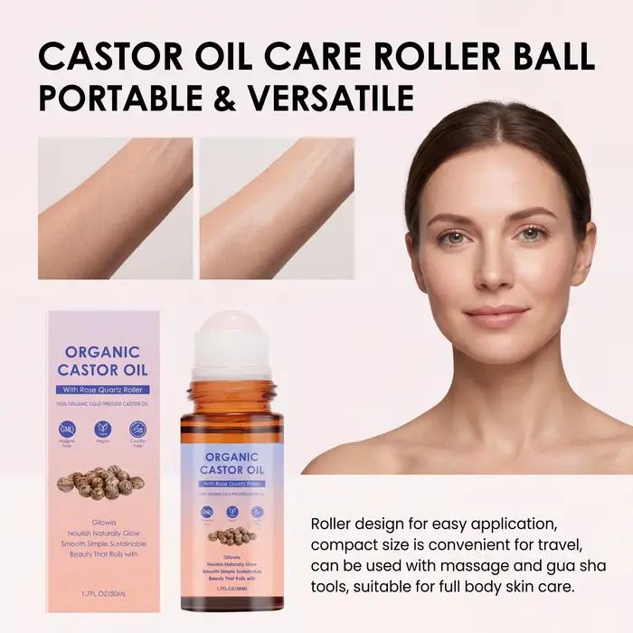 Huile de ricin biologique avec applicateur à bille en quartz rose
