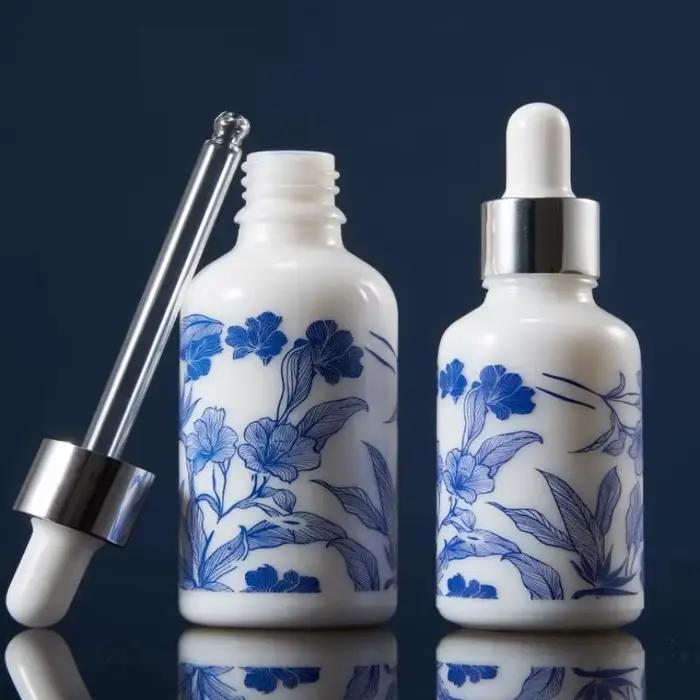 Flacons compte-gouttes en céramique bleue et blanche de 10/15/30 ml pour huiles essentielles