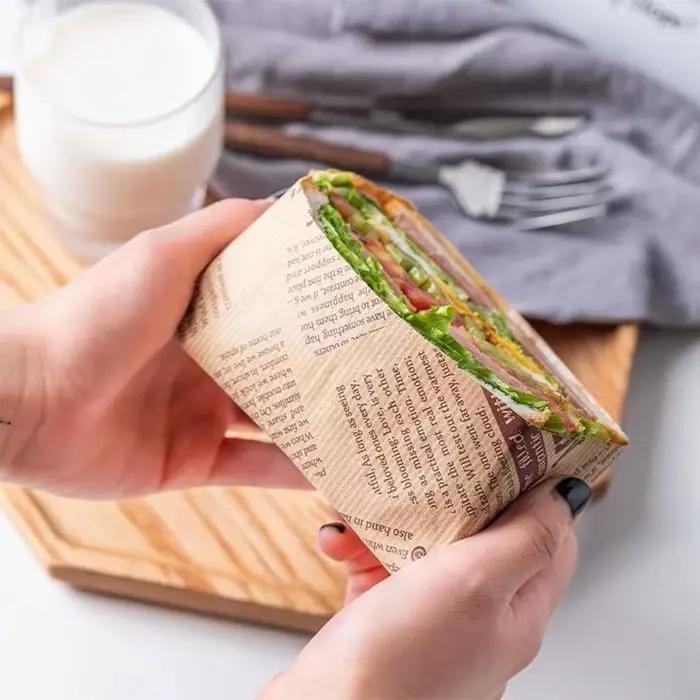 Papier d'emballage gras de qualité alimentaire résistant à l'huile, papier de cuisson, style journal, outil de cuisson, sandwich
