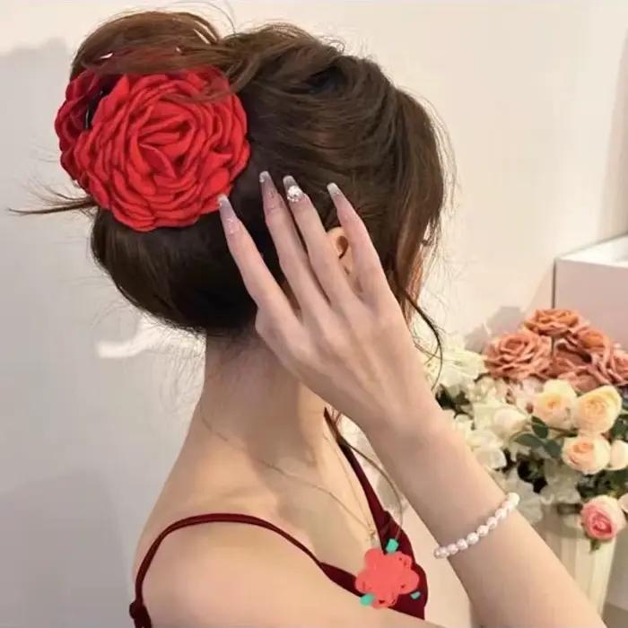 Pince à cheveux française romantique en forme de fleur de Rose pour femmes, grande pince à requin élégante, Barrettes queue de cheval, accessoires pour cheveux de fille, couvre-chef