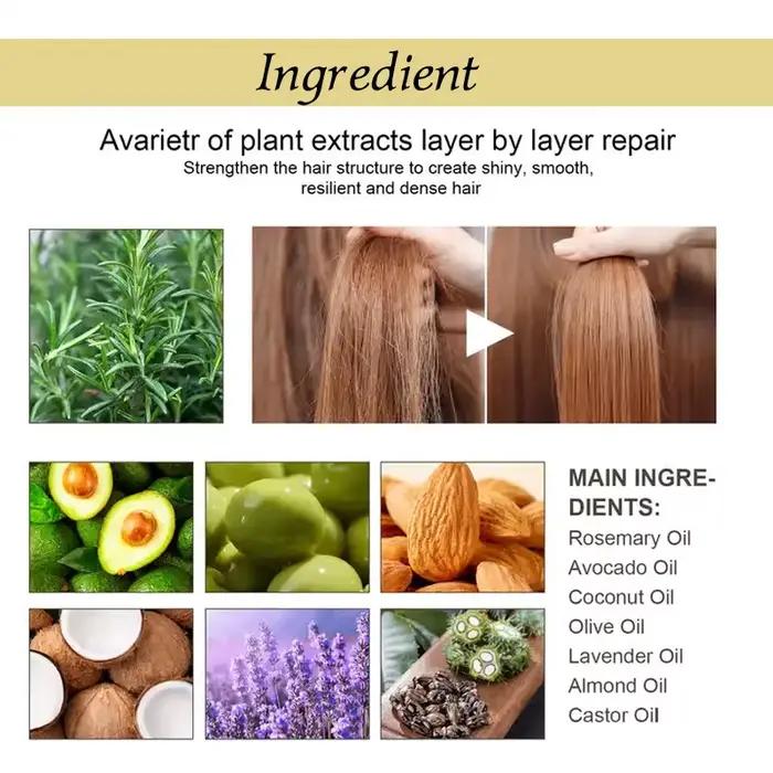 Huile de croissance capillaire végane naturelle pour cheveux secs et abîmés